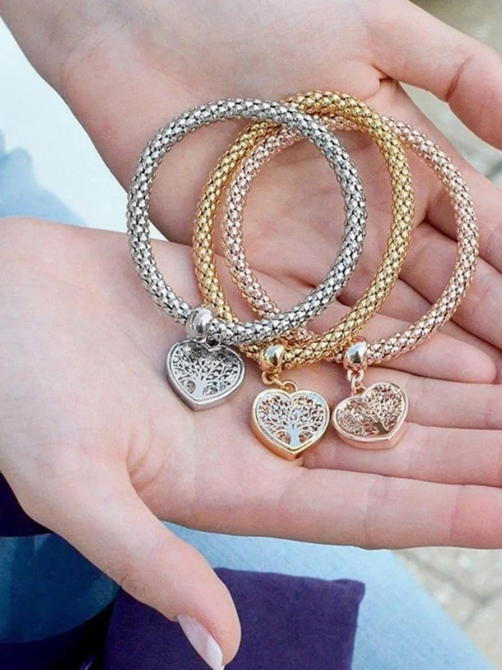 Anthropologie Three-Tone Heart Tree Charm Bracelet — Gold, Silver & Rose Gold